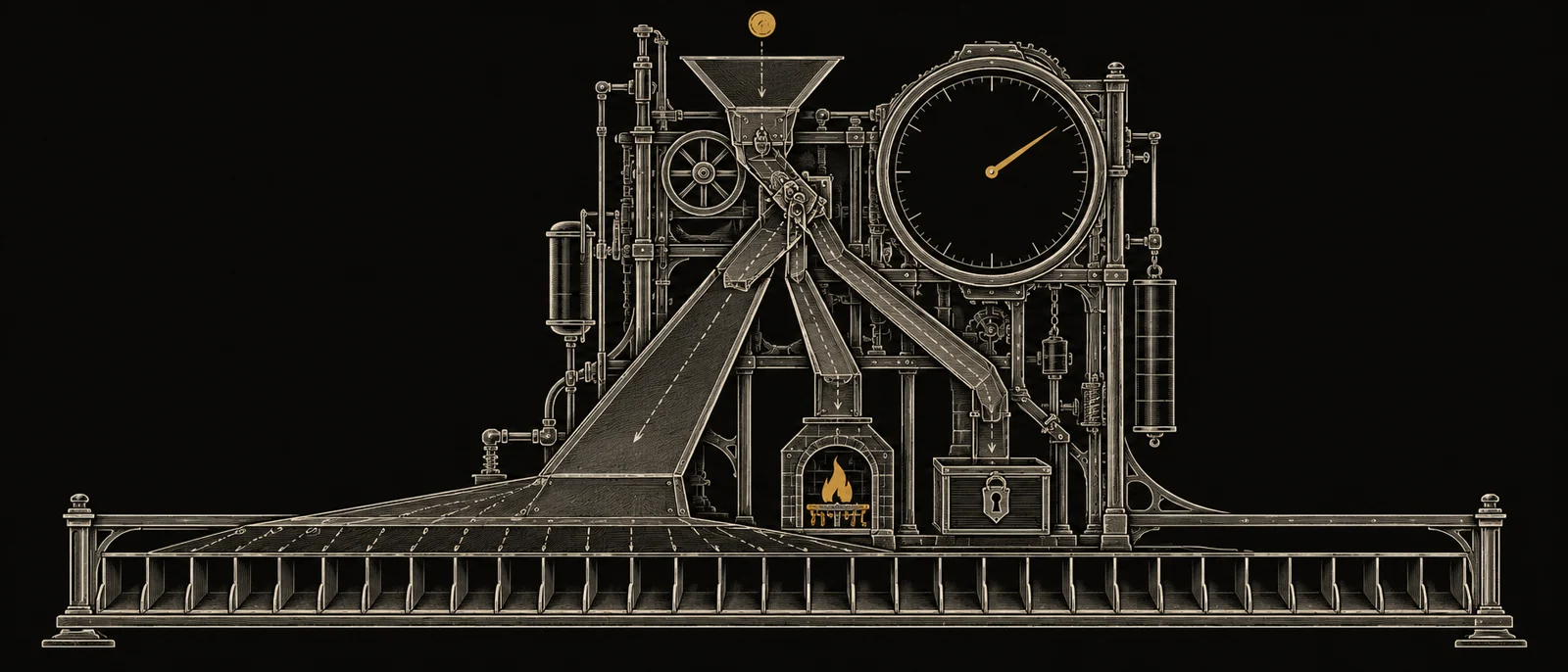 Cutaway of the tax engine: a coin enters a hopper and splits into three chutes — a wide one to a tray of holders' cubbies, a narrow one to a furnace, a narrow one to a locked drawer.