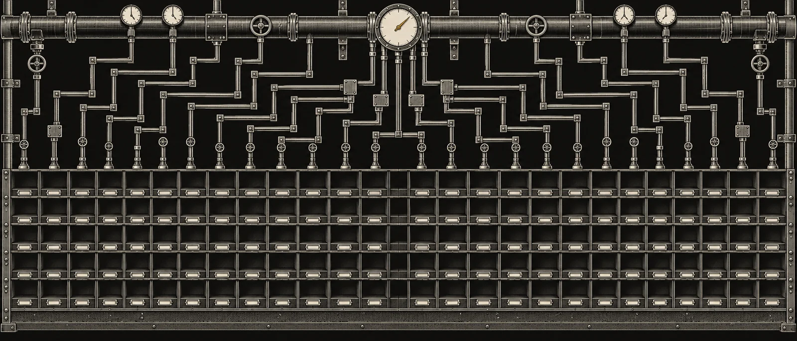A pneumatic sorting office: a header pipe with a gauge feeds right-angled pipes down to a wall of pigeonholes.